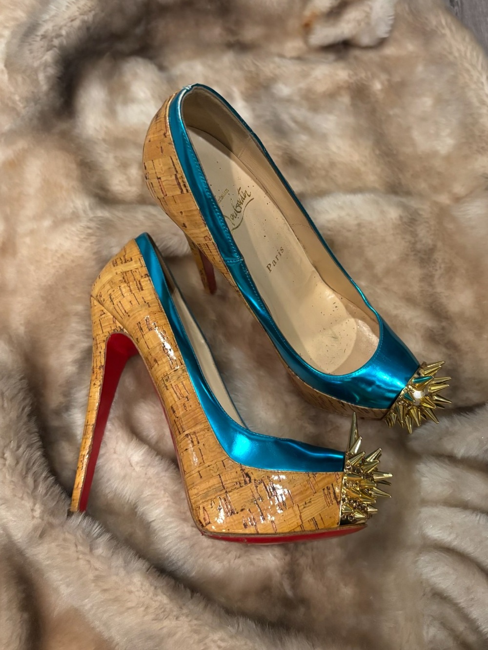 Christian Louboutin Blue Metallic and Cork Spike-Toe High Heels